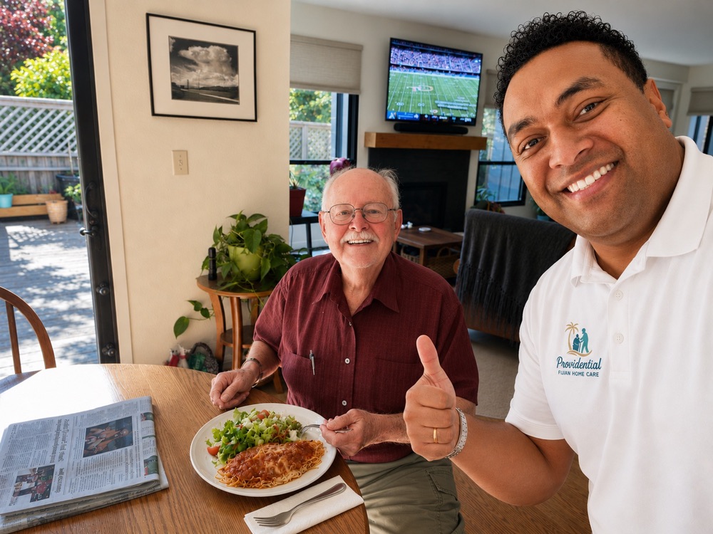 A Providential Fijian Home Care caregiver sharing a meal with a client in Healdsburg