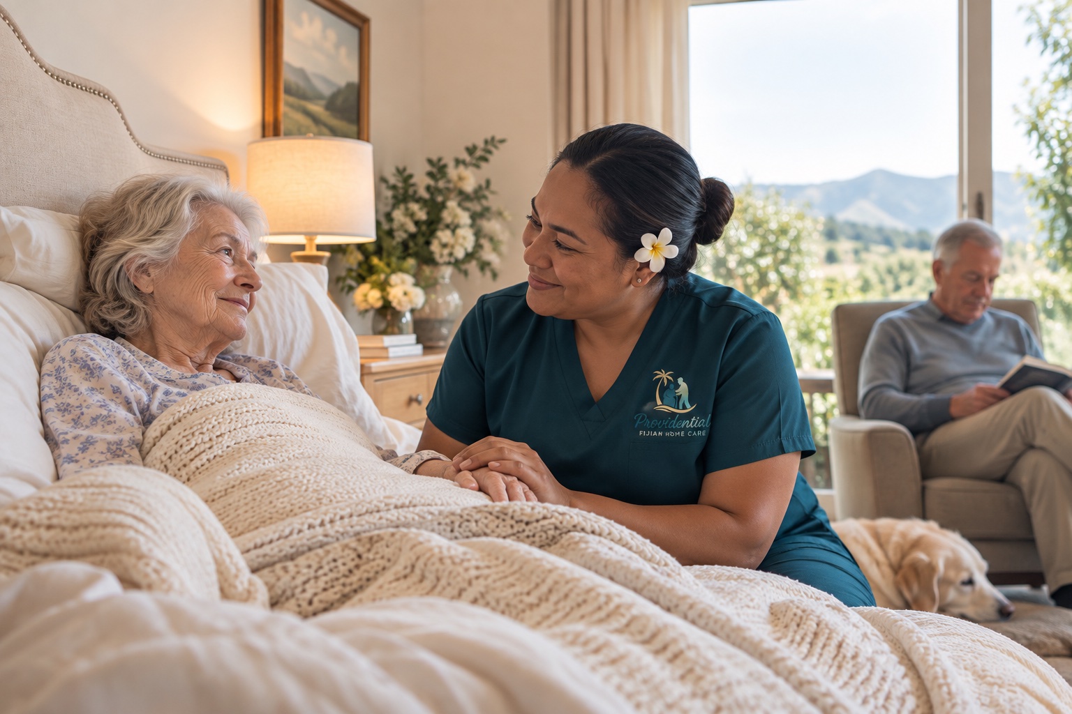 A Providential Fijian Home Care caregiver comforting a client bedside, with family nearby