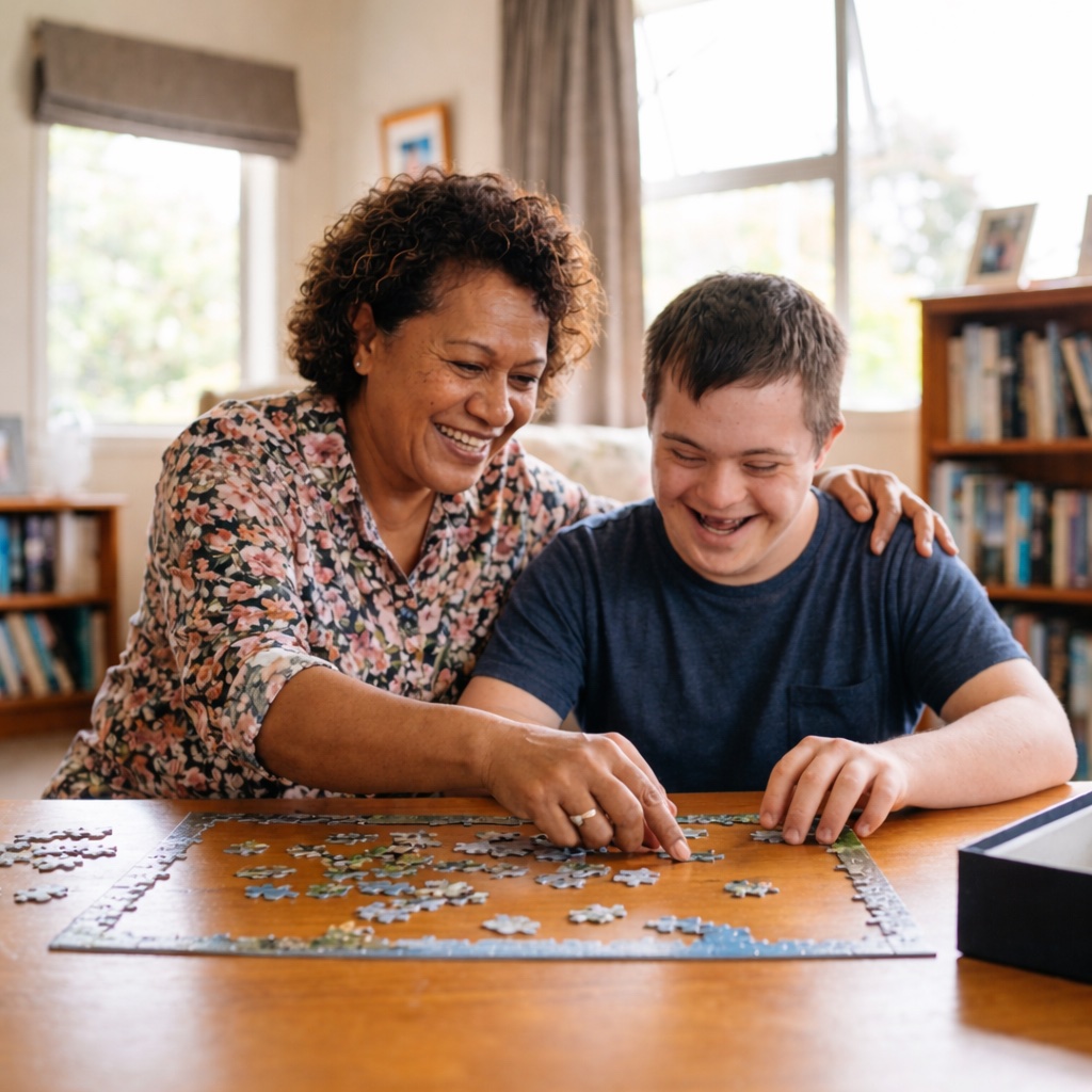A Providential Fijian Home Care caregiver sharing puzzle time and a smile with a client