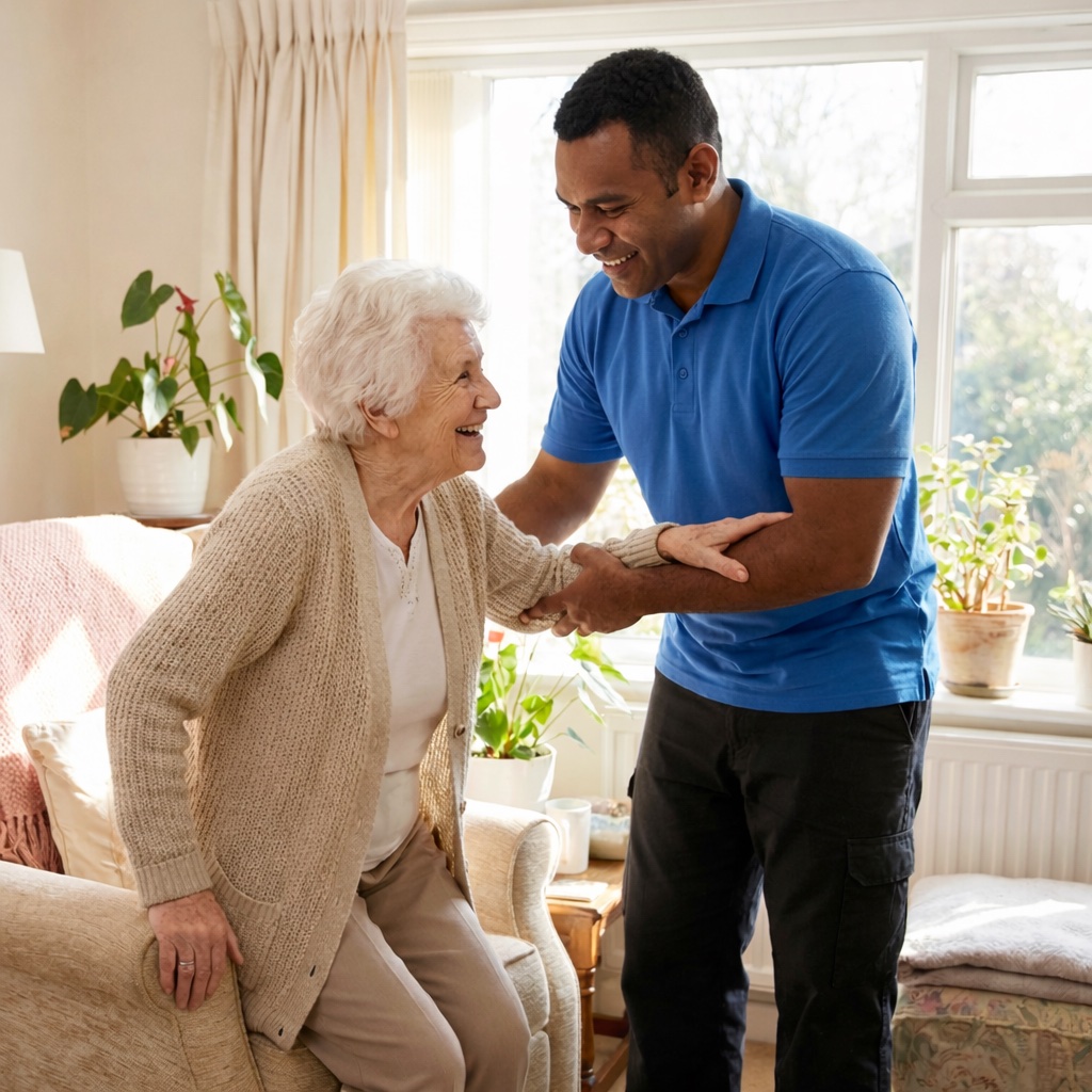 A Providential Fijian Home Care caregiver helping a client up in a cozy living room