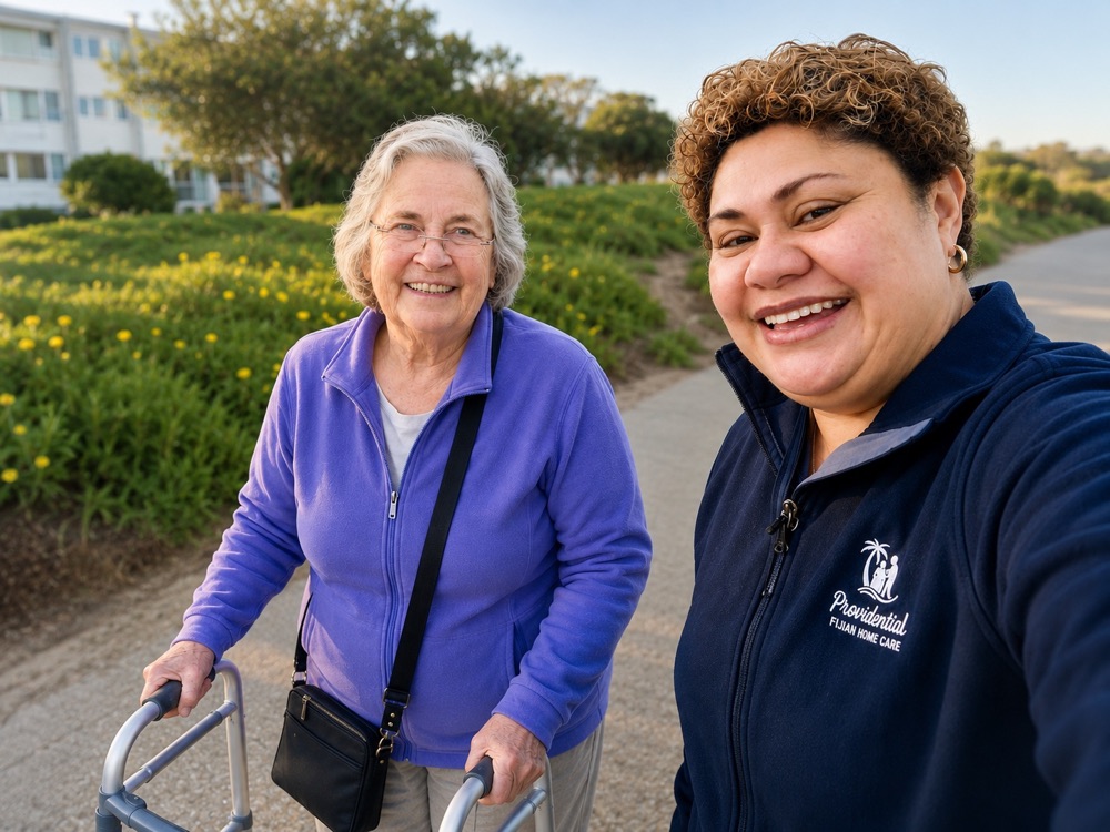 A Providential Fijian Home Care caregiver walking with a client in San Rafael