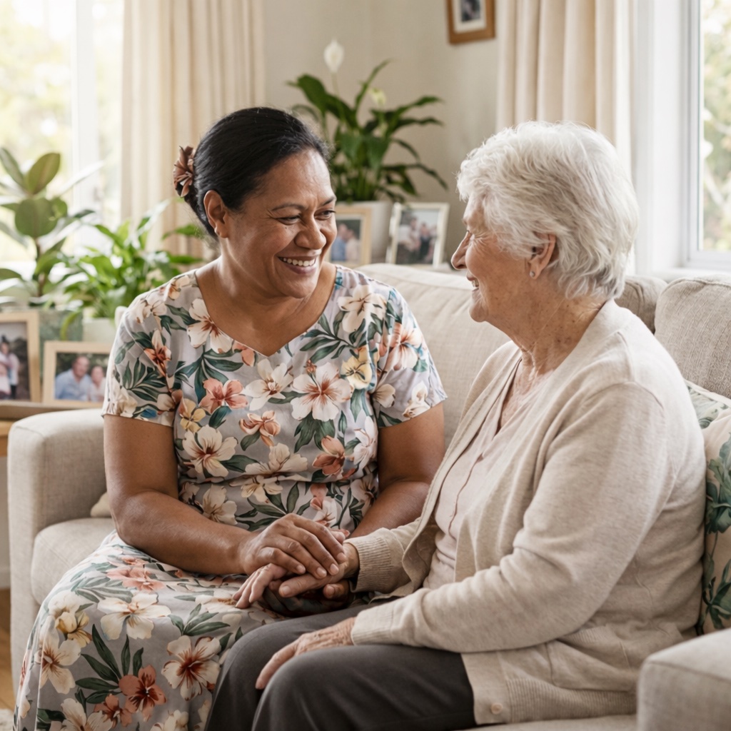 A Providential Fijian Home Care caregiver sharing a moment of warmth and connection with a client